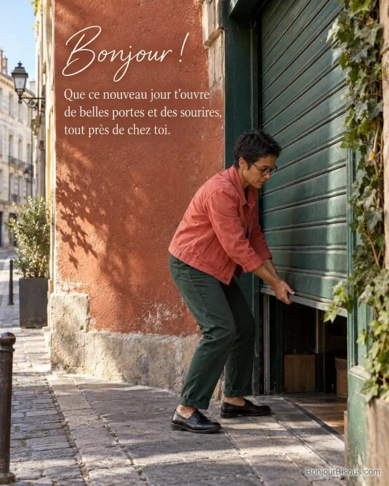 Une commerçante relève le rideau métallique vert de sa boutique dans une rue lyonnaise au matin, avec le message « Bonjour ! Que ce nouveau jour t’ouvre de belles portes et des sourires, tout près de chez toi. ».