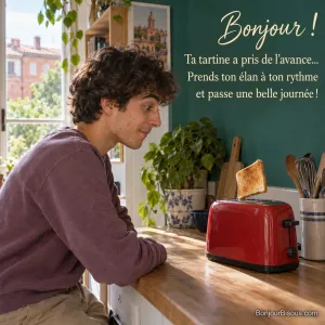 Un jeune homme observe, surpris et amusé, une tartine qui vient de jaillir de son grille-pain rouge, avec le message « Bonjour ! Ta tartine a pris de l’avance… Prends ton élan à ton rythme et passe une belle journée ! ».