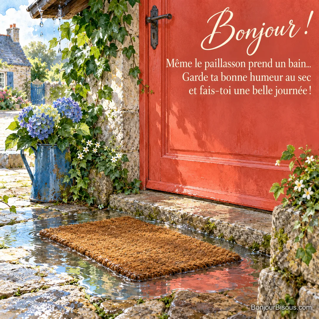 Un paillasson entouré d’une flaque semble prendre un bain devant une porte corail bretonne, avec le message « Bonjour ! Même le paillasson prend un bain… Garde ta bonne humeur au sec et fais-toi une belle journée ! ».