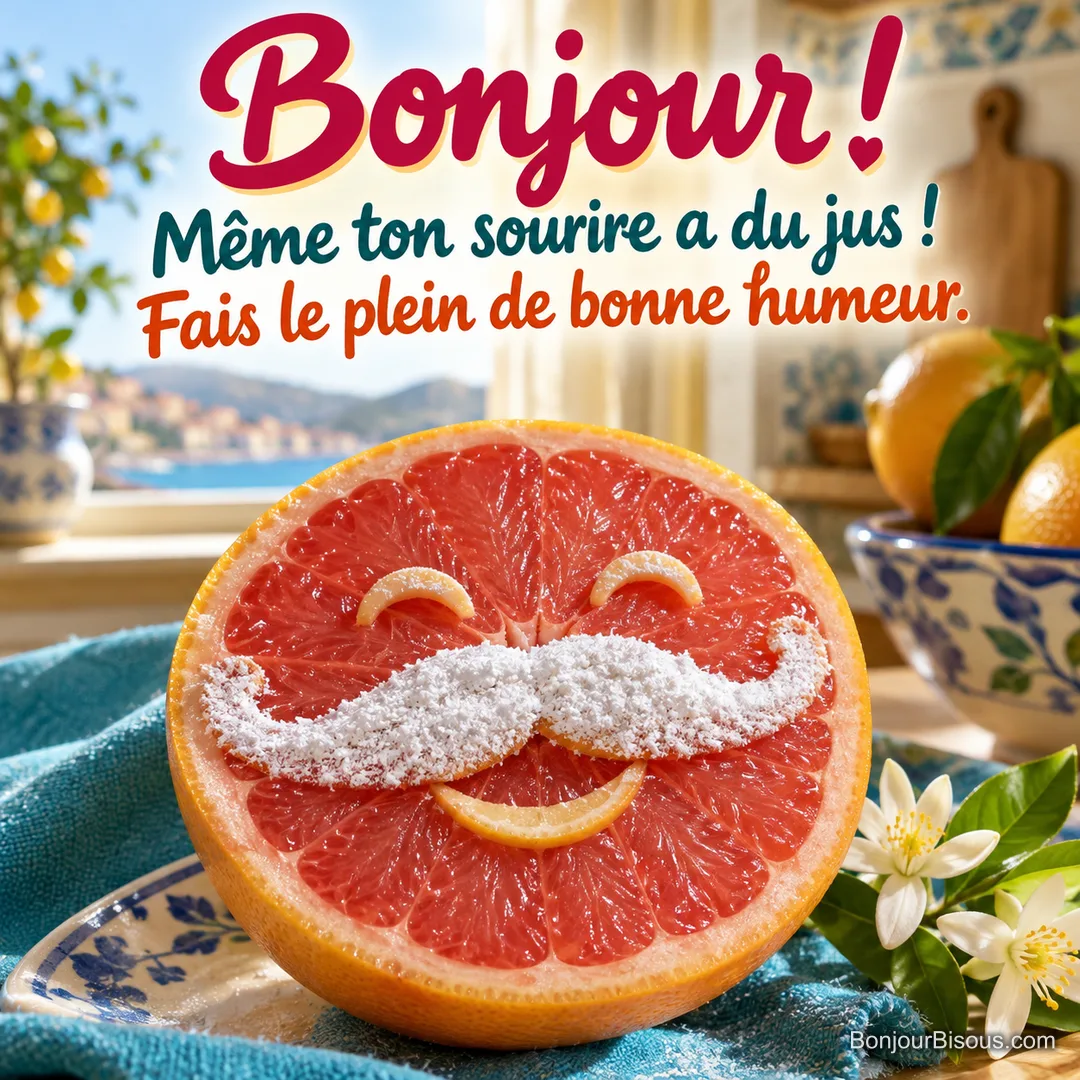 Un demi-pamplemousse rose sourit sous une moustache de sucre glace dans une cuisine lumineuse, avec le message « Bonjour ! Même ton sourire a du jus ! Fais le plein de bonne humeur. ».