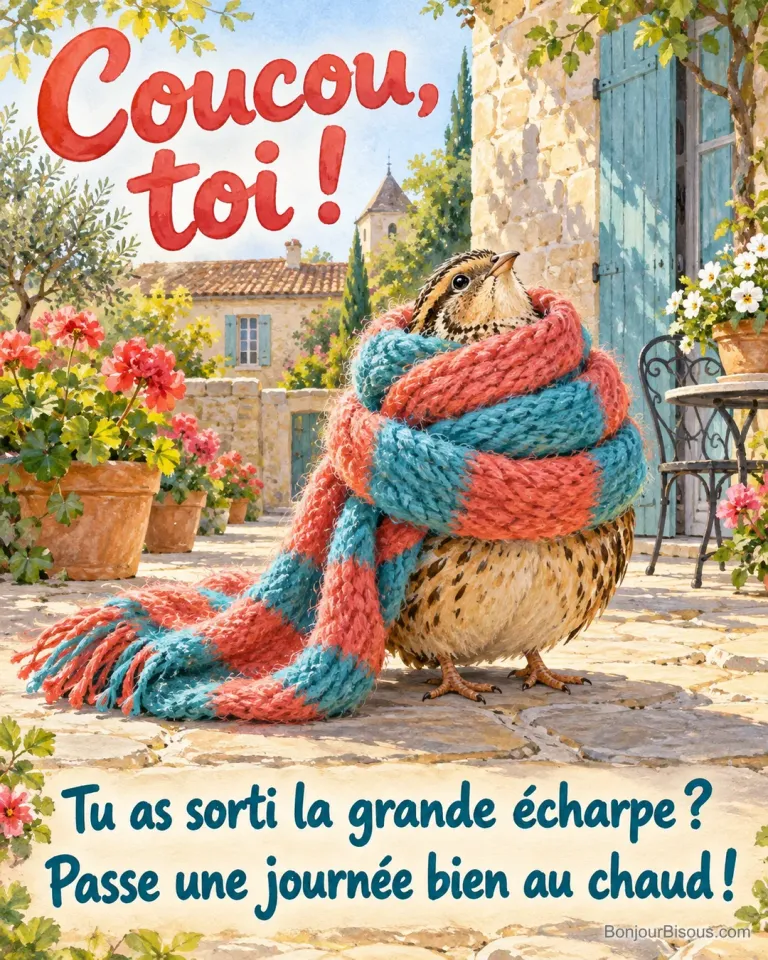 Une caille brune relève le bec au milieu des plis d’une écharpe beaucoup trop grande, avec le message « Coucou, toi ! Tu as sorti la grande écharpe ? Passe une journée bien au chaud ! ».