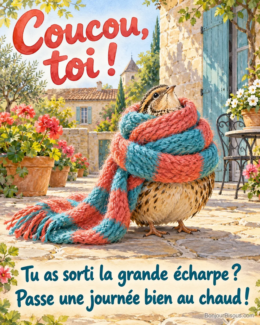 Une caille brune relève le bec au milieu des plis d’une écharpe beaucoup trop grande, avec le message « Coucou, toi ! Tu as sorti la grande écharpe ? Passe une journée bien au chaud ! ».