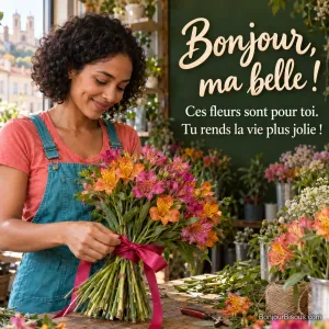 Une jeune fleuriste en salopette turquoise lie des alstroemères orange et magenta dans son atelier lyonnais, avec le message « Bonjour, ma belle ! Ces fleurs sont pour toi. Tu rends la vie plus jolie ! ».