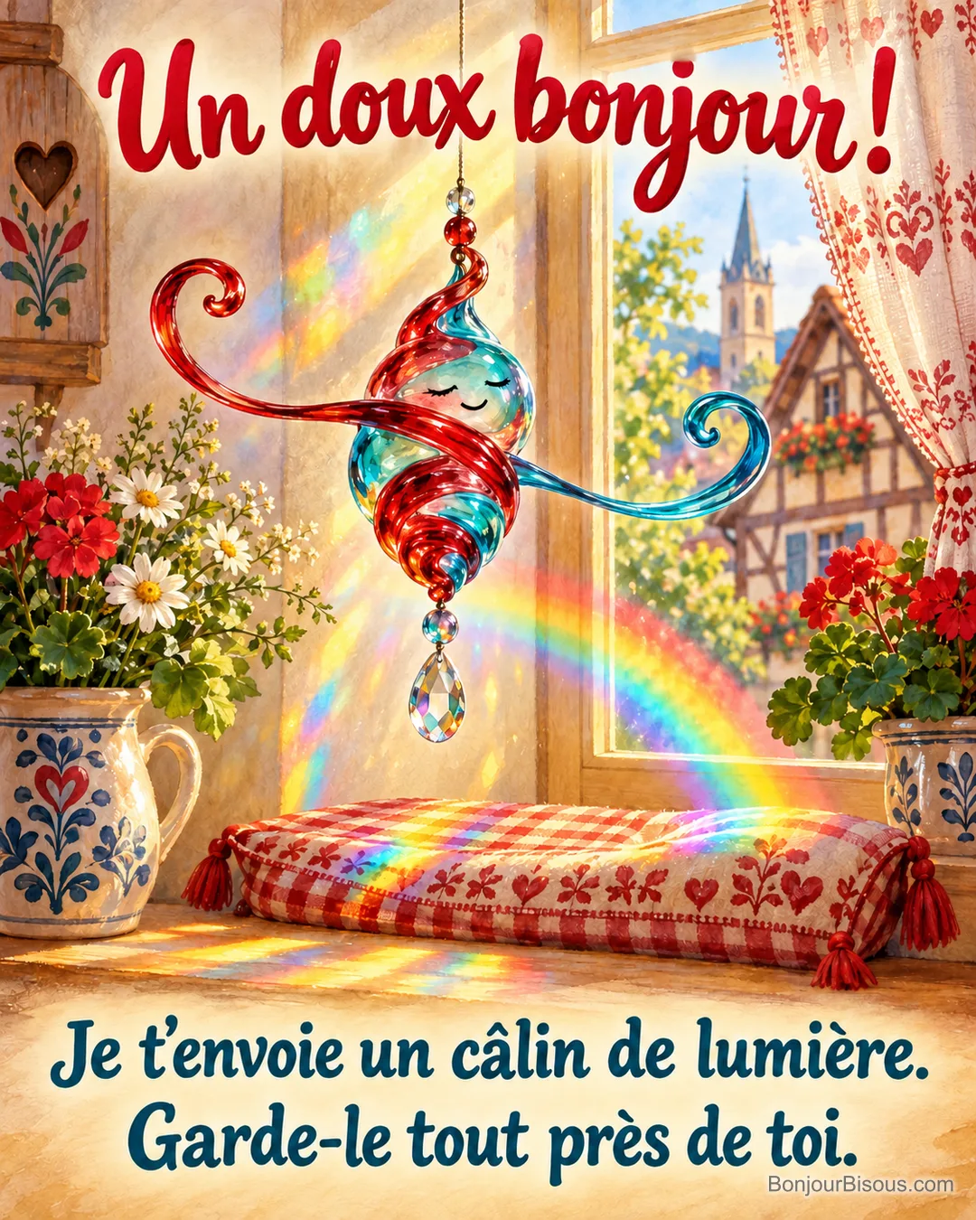 Un mobile de verre coloré projette un arc-en-ciel autour d’un coussin près d’une fenêtre alsacienne, avec le message « Un doux bonjour ! Je t’envoie un câlin de lumière. Garde-le tout près de toi. ».