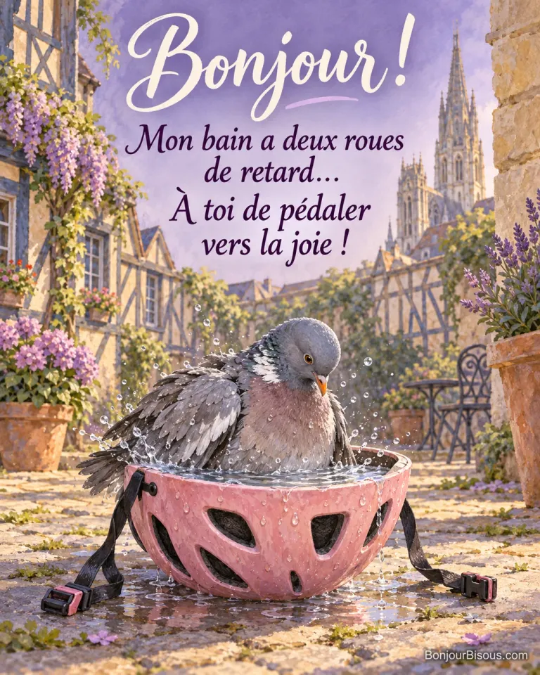 Un pigeon ramier prend son bain dans un casque de vélo rose retourné dans une cour au matin. Le message indique : « Bonjour ! Mon bain a deux roues de retard… À toi de pédaler vers la joie ! ».