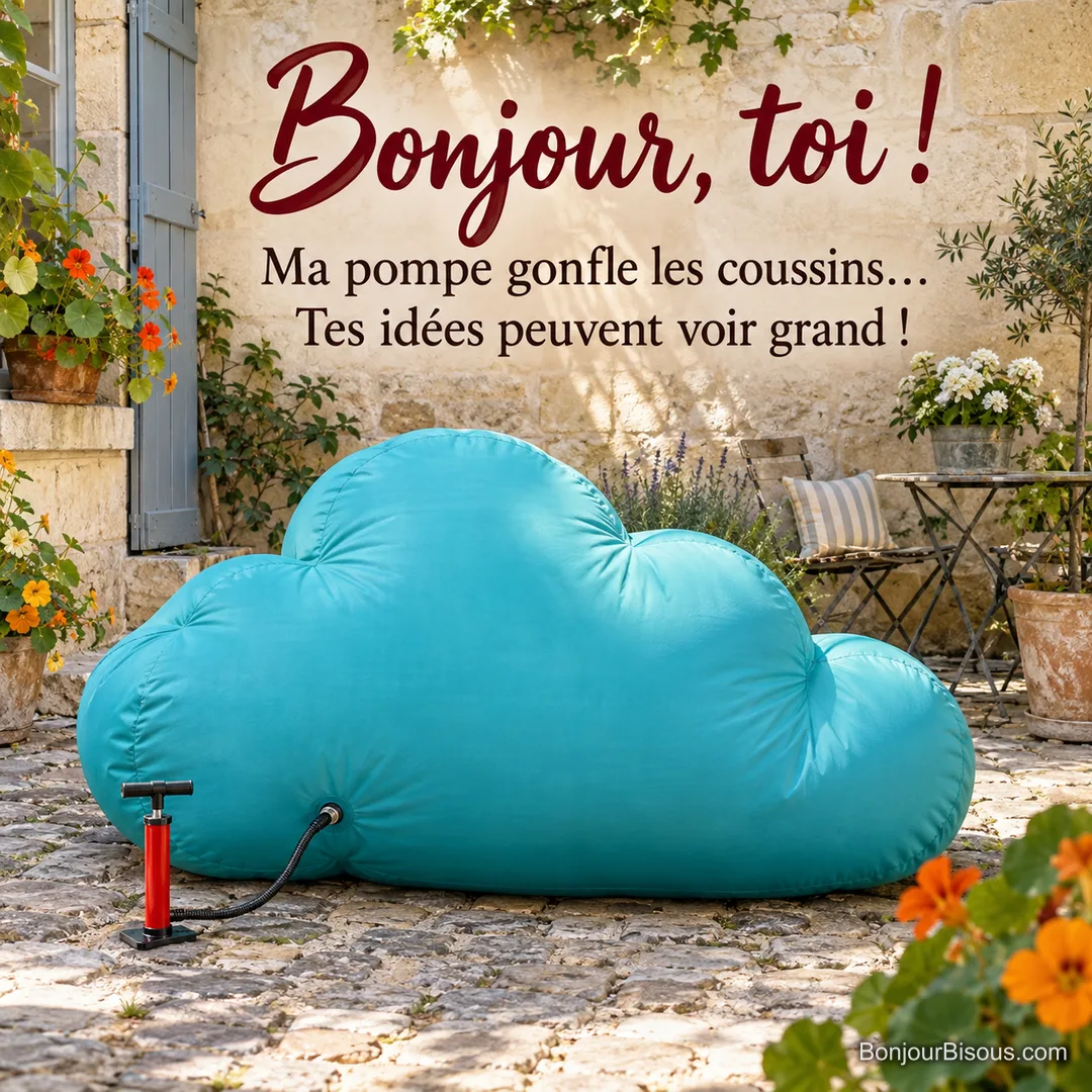 Une petite pompe à vélo gonfle un énorme coussin turquoise en forme de nuage dans une cour au matin. Le message indique : « Bonjour, toi ! Ma pompe gonfle les coussins… Tes idées peuvent voir grand ! ».