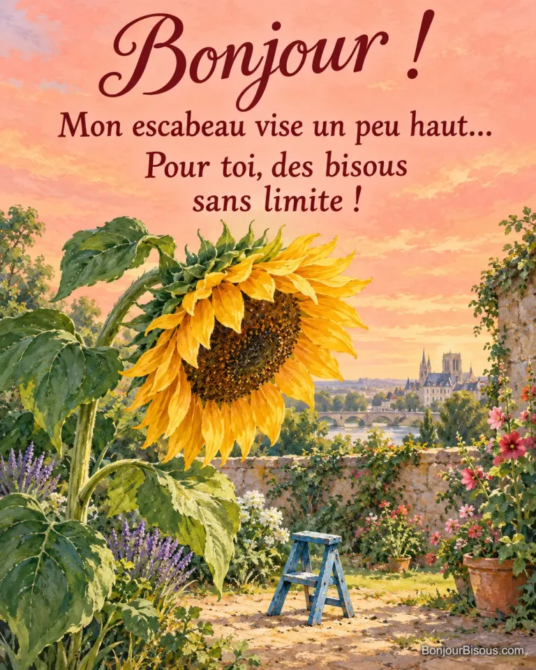 Un minuscule escabeau bleu semble vouloir atteindre un immense tournesol dans un jardin au matin. Le message indique : « Bonjour ! Mon escabeau vise un peu haut… Pour toi, des bisous sans limite ! ».
