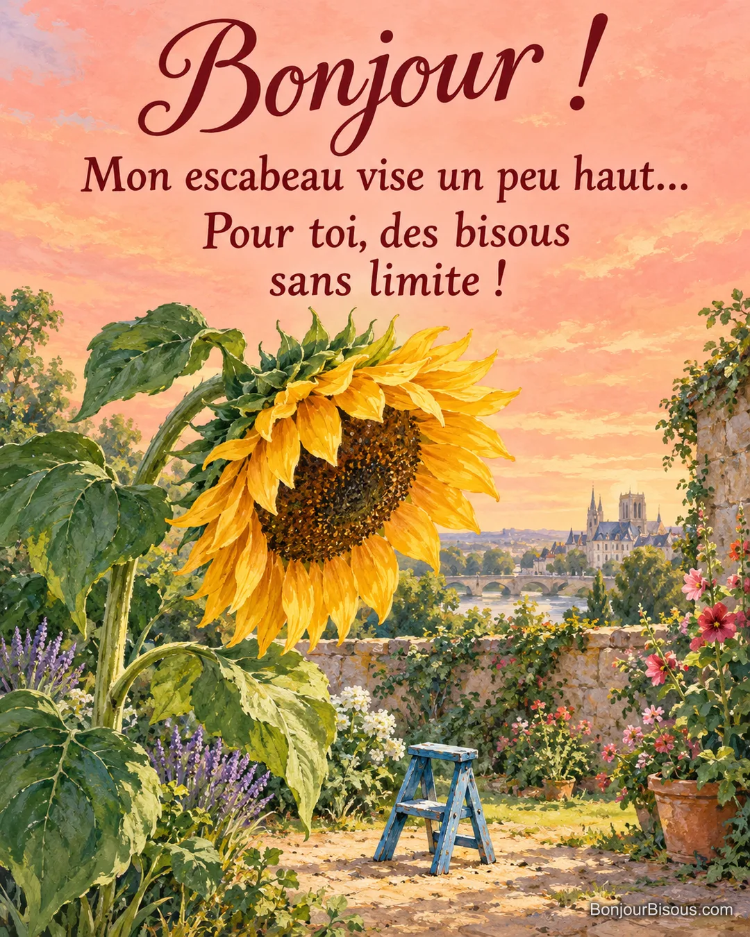 Un minuscule escabeau bleu semble vouloir atteindre un immense tournesol dans un jardin au matin. Le message indique : « Bonjour ! Mon escabeau vise un peu haut… Pour toi, des bisous sans limite ! ». Un minuscule escabeau bleu semble vouloir atteindre un immense tournesol dans un jardin au matin. Le message indique : « Bonjour ! Mon escabeau vise un peu haut… Pour toi, des bisous sans limite ! ».
