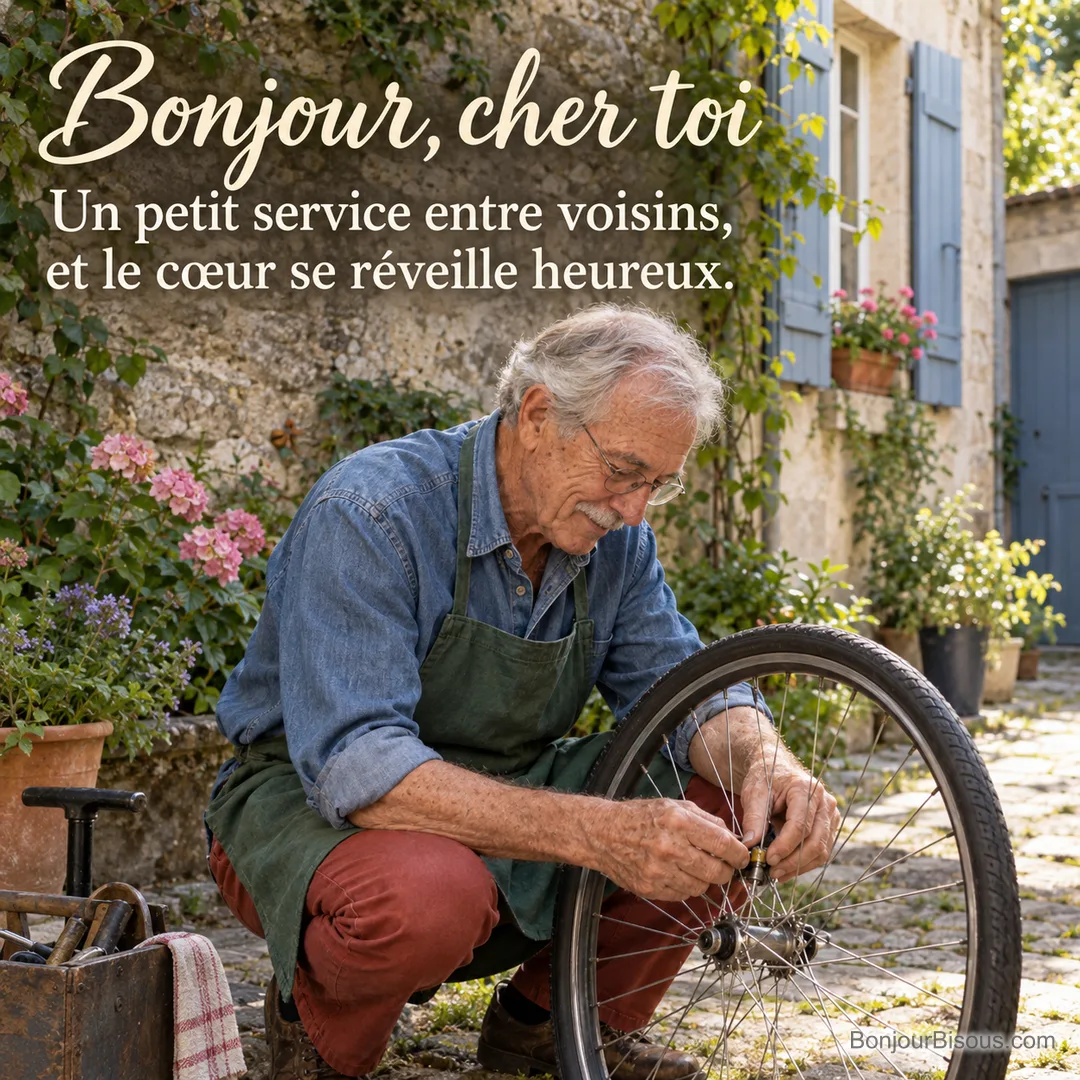 Un réparateur âgé remet en état une roue de vélo pour son voisin dans sa cour au petit matin. Le message indique : « Bonjour, cher toi Un petit service entre voisins, et le cœur se réveille heureux. ».