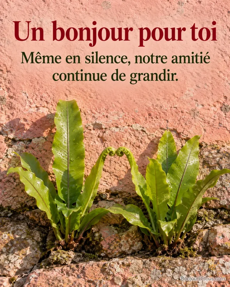 Deux jeunes fougères rejoignent doucement leurs frondes dans la lumière d’un jardin au matin. Le message indique : « Un bonjour pour toi Même en silence, notre amitié continue de grandir. ».