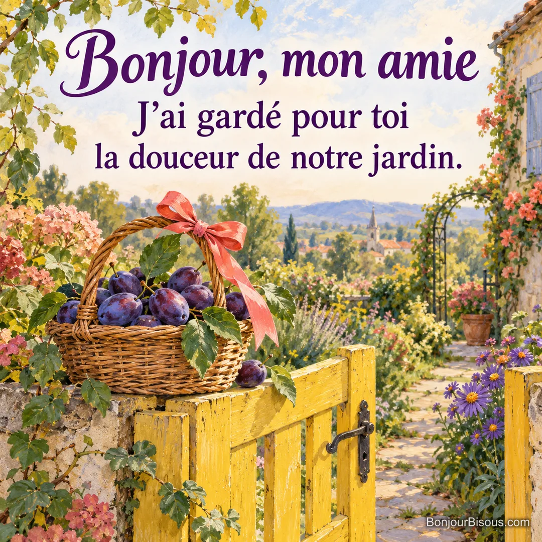Un panier de prunes violettes offert à une amie attend sur un portillon jaune au soleil du matin. Le message indique : « Bonjour, mon amie J’ai gardé pour toi la douceur de notre jardin. ».