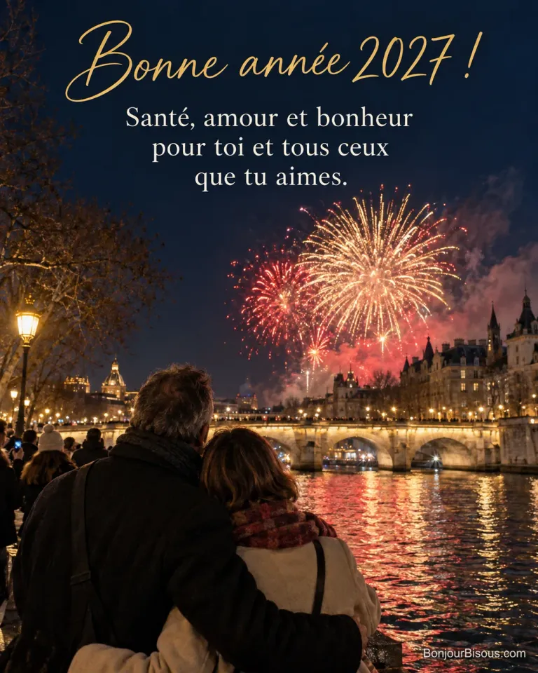 Photo d’un couple vu de dos qui s’enlace sur les quais de Seine devant un feu d’artifice doré et rouge au-dessus du Pont-Neuf, avec le texte « Bonne année 2027 ! Santé, amour et bonheur pour toi et tous ceux que tu aimes. »