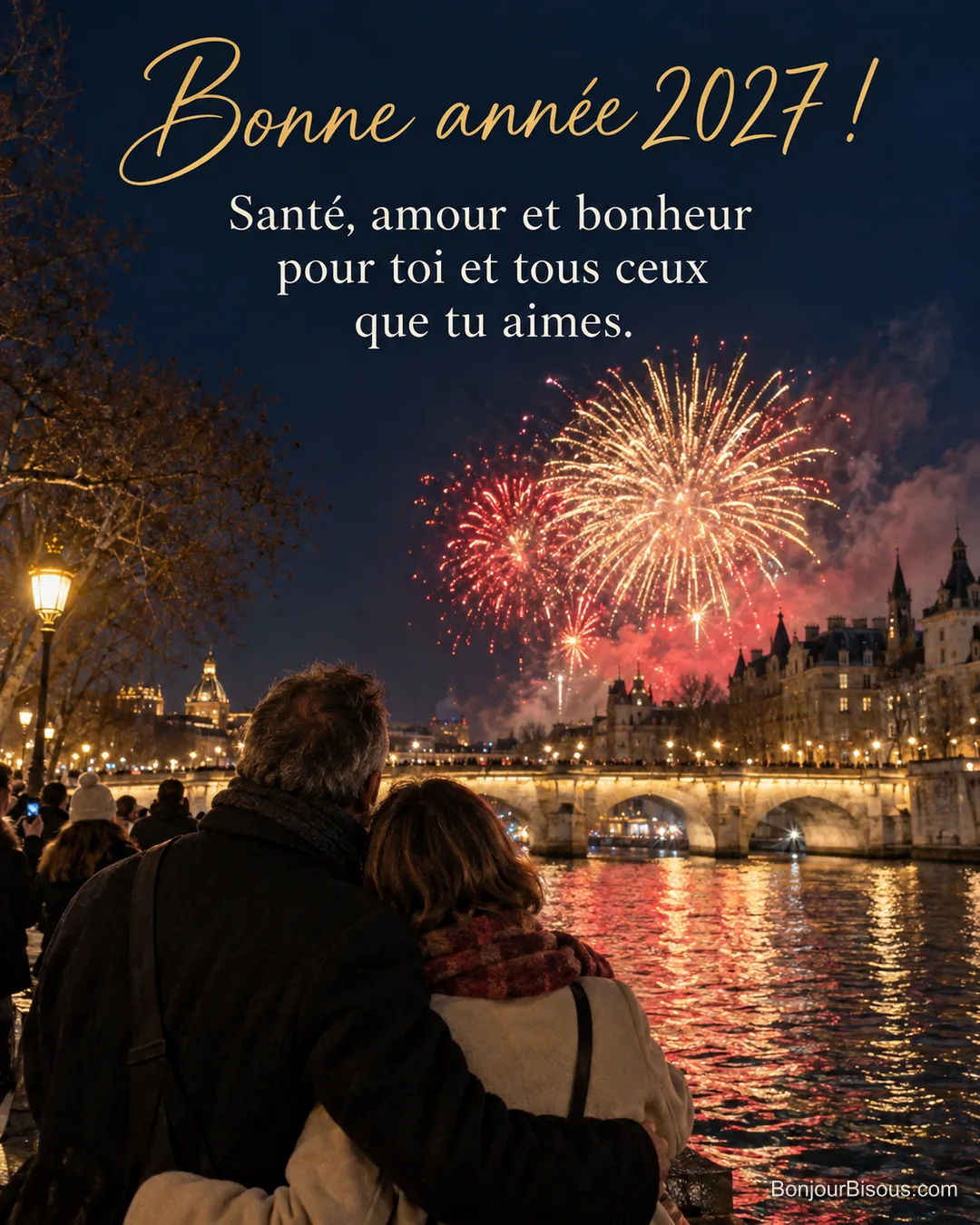 Photo d’un couple vu de dos qui s’enlace sur les quais de Seine devant un feu d’artifice doré et rouge au-dessus du Pont-Neuf, avec le texte « Bonne année 2027 ! Santé, amour et bonheur pour toi et tous ceux que tu aimes. » Photo d’un couple vu de dos qui s’enlace sur les quais de Seine devant un feu d’artifice doré et rouge au-dessus du Pont-Neuf, avec le texte « Bonne année 2027 ! Santé, amour et bonheur pour toi et tous ceux que tu aimes. »