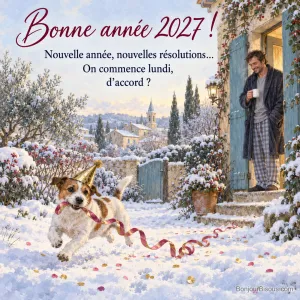 Peinture d’un jack russell coiffé d’un chapeau doré qui court dans un jardin enneigé avec un serpentin dans la gueule, un homme en robe de chambre et tasse de café sur le pas de la porte, avec le texte « Bonne année 2027 ! Nouvelle année, nouvelles résolutions… On commence lundi, d’accord ? »