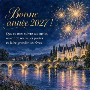 Des feux d’artifice dorés illuminent un château de la Loire et se reflètent dans la rivière, avec le texte « Bonne année 2027 ! Que tu oses suivre tes envies, ouvrir de nouvelles portes et faire grandir tes rêves. ».