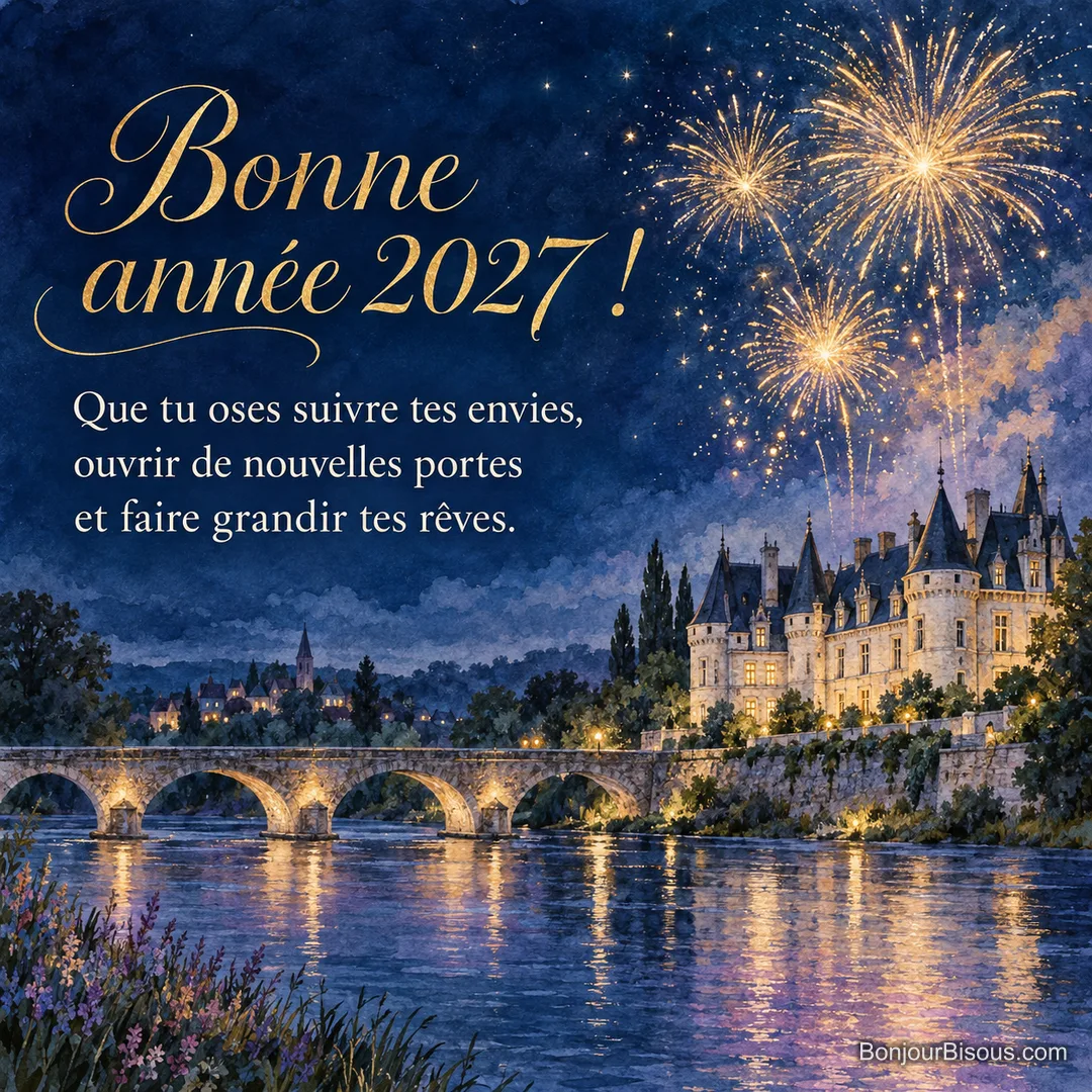 Des feux d’artifice dorés illuminent un château de la Loire et se reflètent dans la rivière, avec le texte « Bonne année 2027 ! Que tu oses suivre tes envies, ouvrir de nouvelles portes et faire grandir tes rêves. ». Des feux d’artifice dorés illuminent un château de la Loire et se reflètent dans la rivière, avec le texte « Bonne année 2027 ! Que tu oses suivre tes envies, ouvrir de nouvelles portes et faire grandir tes rêves. ».