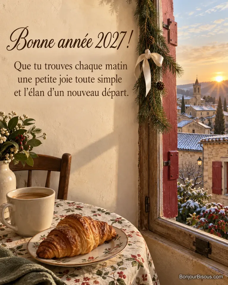 Un café et un croissant accueillent le premier matin de l’année devant une fenêtre aux volets rouges, avec le texte « Bonne année 2027 ! Que tu trouves chaque matin une petite joie toute simple et l’élan d’un nouveau départ. ».