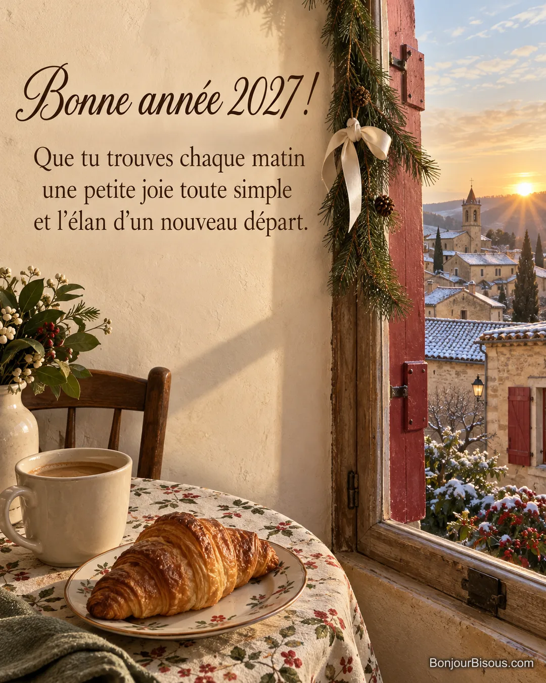 Un café et un croissant accueillent le premier matin de l’année devant une fenêtre aux volets rouges, avec le texte « Bonne année 2027 ! Que tu trouves chaque matin une petite joie toute simple et l’élan d’un nouveau départ. ». Un café et un croissant accueillent le premier matin de l’année devant une fenêtre aux volets rouges, avec le texte « Bonne année 2027 ! Que tu trouves chaque matin une petite joie toute simple et l’élan d’un nouveau départ. ».