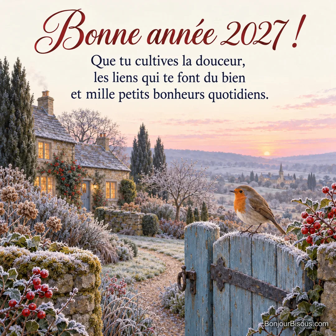 Un rouge-gorge se pose sur une petite porte bleue ouverte vers un jardin givré, avec le texte « Bonne année 2027 ! Que tu cultives la douceur, les liens qui te font du bien et mille petits bonheurs quotidiens. ». Un rouge-gorge se pose sur une petite porte bleue ouverte vers un jardin givré, avec le texte « Bonne année 2027 ! Que tu cultives la douceur, les liens qui te font du bien et mille petits bonheurs quotidiens. ».