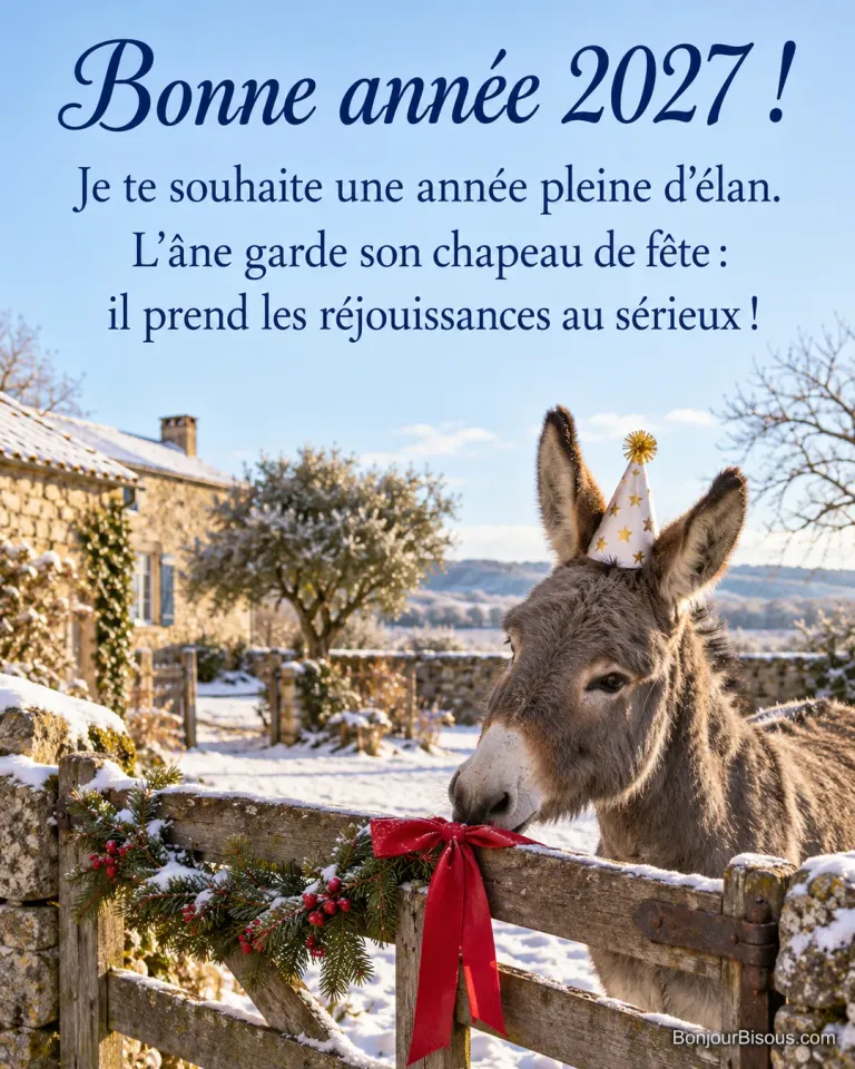 Un âne gris coiffé d’un petit chapeau de fête se penche vers un ruban dans une cour de ferme, avec le texte « Bonne année 2027 ! Je te souhaite une année pleine d’élan. L’âne garde son chapeau de fête : il prend les réjouissances au sérieux ! ».