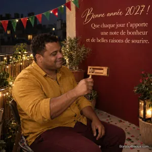 Un homme fait tourner une crécelle en bois sur un balcon lyonnais décoré pour le Nouvel An, avec le texte « Bonne année 2027 ! Que chaque jour t’apporte une note de bonheur et de belles raisons de sourire. ».
