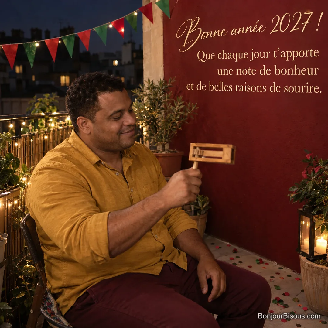 Un homme fait tourner une crécelle en bois sur un balcon lyonnais décoré pour le Nouvel An, avec le texte « Bonne année 2027 ! Que chaque jour t’apporte une note de bonheur et de belles raisons de sourire. ». Un homme fait tourner une crécelle en bois sur un balcon lyonnais décoré pour le Nouvel An, avec le texte « Bonne année 2027 ! Que chaque jour t’apporte une note de bonheur et de belles raisons de sourire. ».
