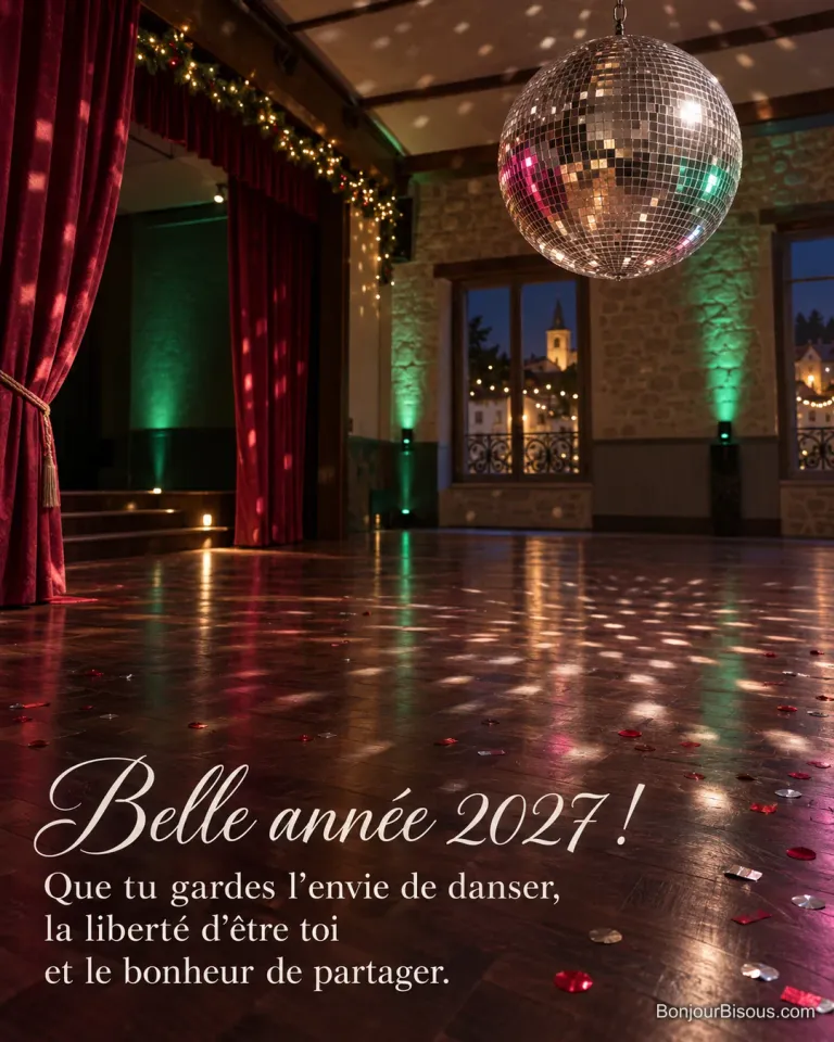 Une boule à facettes éclaire de rose et de vert une piste de danse parsemée de confettis, avec le texte « Belle année 2027 ! Que tu gardes l’envie de danser, la liberté d’être toi et le bonheur de partager. ».
