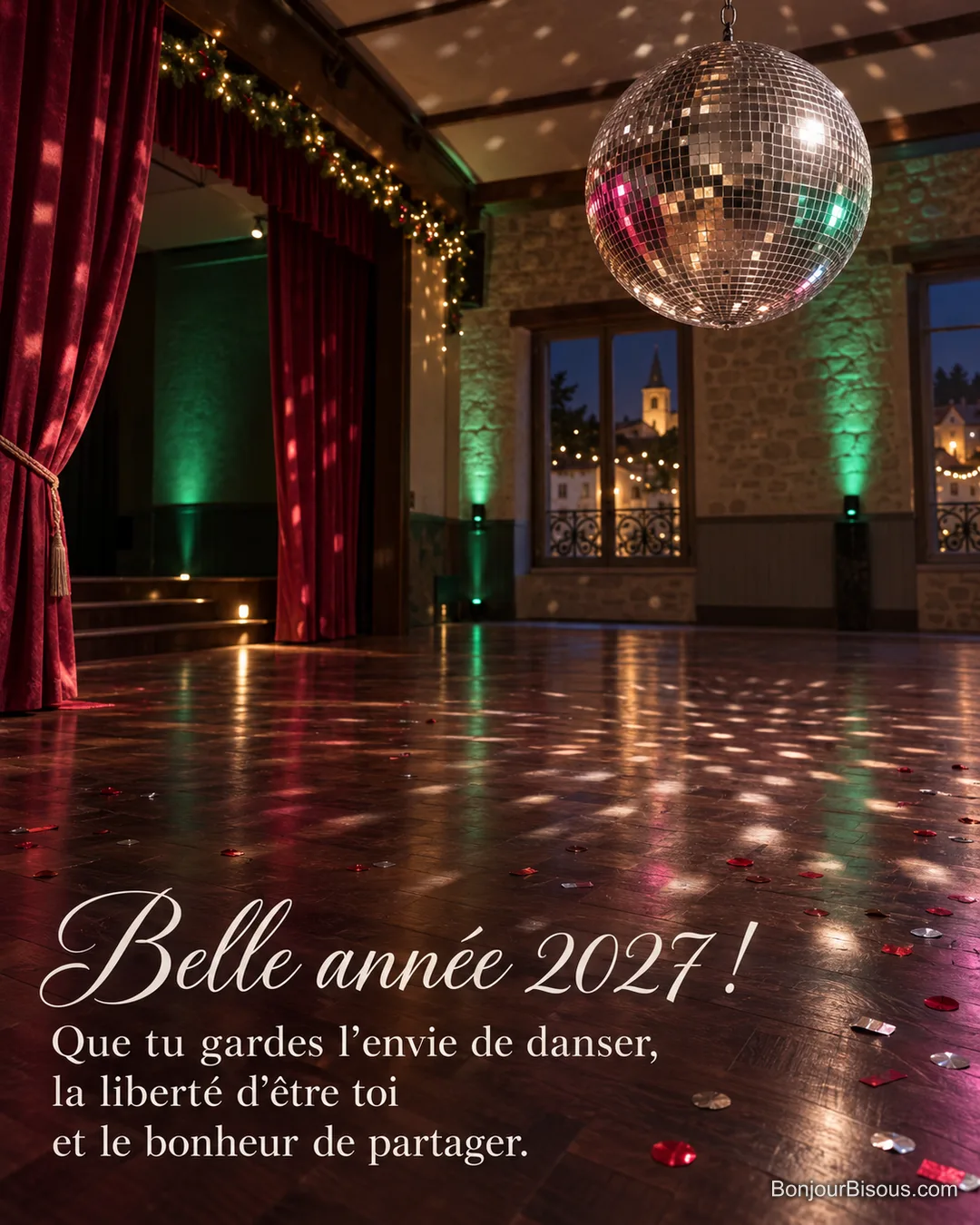 Une boule à facettes éclaire de rose et de vert une piste de danse parsemée de confettis, avec le texte « Belle année 2027 ! Que tu gardes l’envie de danser, la liberté d’être toi et le bonheur de partager. ». Une boule à facettes éclaire de rose et de vert une piste de danse parsemée de confettis, avec le texte « Belle année 2027 ! Que tu gardes l’envie de danser, la liberté d’être toi et le bonheur de partager. ».