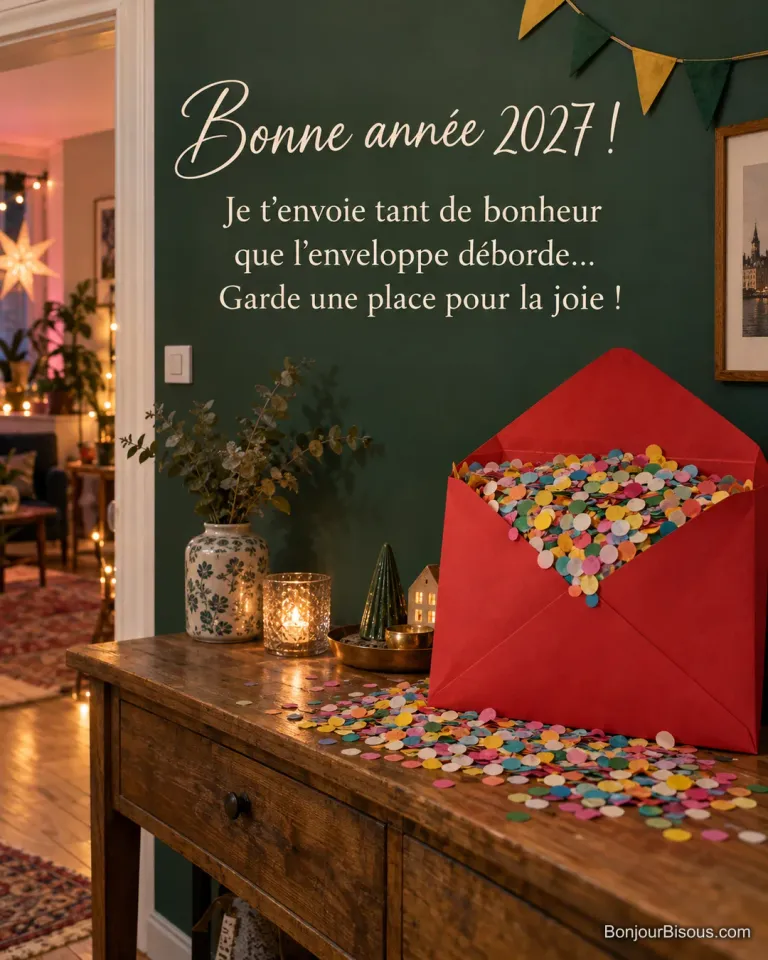Une enveloppe rouge géante déborde de confettis colorés sur une console décorée pour le Nouvel An, avec le texte « Bonne année 2027 ! Je t’envoie tant de bonheur que l’enveloppe déborde… Garde une place pour la joie ! ».