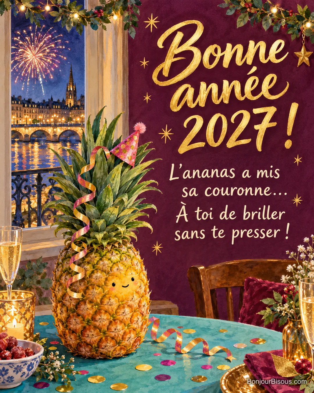 Un ananas souriant porte un chapeau de fête de travers au milieu des confettis, avec le texte « Bonne année 2027 ! L’ananas a mis sa couronne… À toi de briller sans te presser ! ». Un ananas souriant porte un chapeau de fête de travers au milieu des confettis, avec le texte « Bonne année 2027 ! L’ananas a mis sa couronne… À toi de briller sans te presser ! ».
