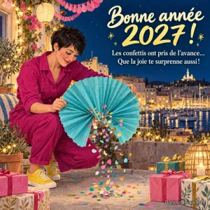 Une jeune femme découvre une pluie de confettis en dépliant un éventail de fête, avec le texte « Bonne année 2027 ! Les confettis ont pris de l’avance… Que la joie te surprenne aussi ! ».