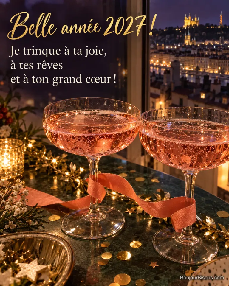 Deux coupes de limonade rose se touchent au milieu des décorations du Nouvel An, avec le texte « Belle année 2027 ! Je trinque à ta joie, à tes rêves et à ton grand cœur ! ».