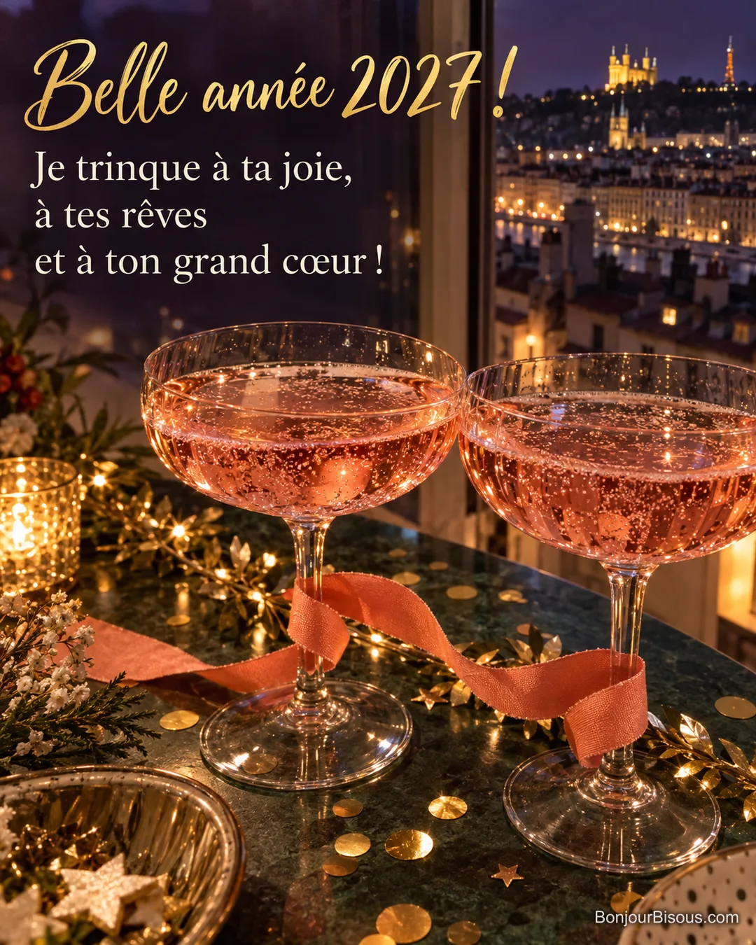 Deux coupes de limonade rose se touchent au milieu des décorations du Nouvel An, avec le texte « Belle année 2027 ! Je trinque à ta joie, à tes rêves et à ton grand cœur ! ». Deux coupes de limonade rose se touchent au milieu des décorations du Nouvel An, avec le texte « Belle année 2027 ! Je trinque à ta joie, à tes rêves et à ton grand cœur ! ».