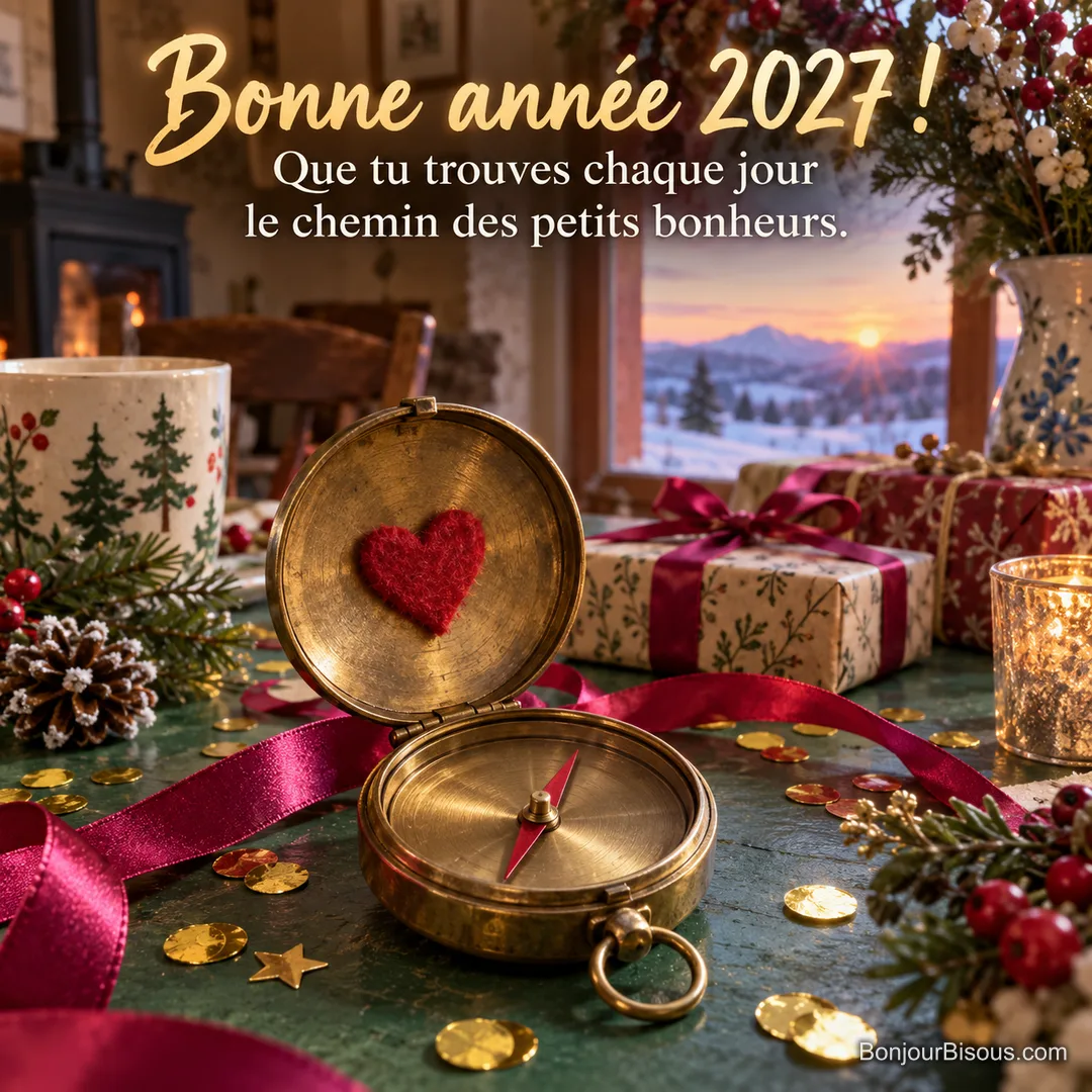 Une boussole offerte avec un petit cœur attend parmi les rubans du Nouvel An, avec le texte « Bonne année 2027 ! Que tu trouves chaque jour le chemin des petits bonheurs. ». Une boussole offerte avec un petit cœur attend parmi les rubans du Nouvel An, avec le texte « Bonne année 2027 ! Que tu trouves chaque jour le chemin des petits bonheurs. ».
