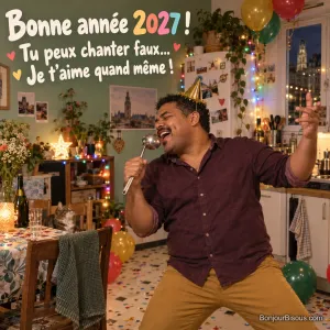 Un homme chante dans une louche au milieu des décorations du Nouvel An, avec le texte « Bonne année 2027 ! Tu peux chanter faux… Je t’aime quand même ! ».