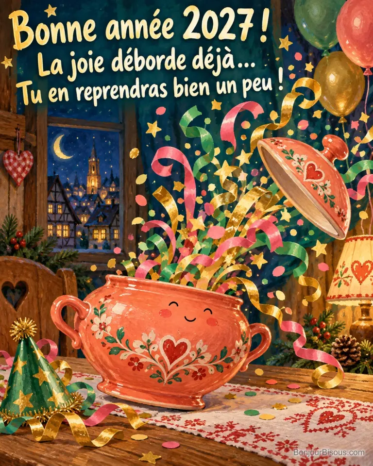 Une soupière corail fait sauter son couvercle et déborde de cotillons multicolores, avec le texte « Bonne année 2027 ! La joie déborde déjà… Tu en reprendras bien un peu ! ».