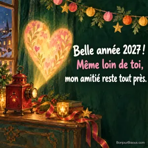 Une lanterne magique rouge projette un cœur lumineux parmi les guirlandes du Nouvel An, avec le texte « Belle année 2027 ! Même loin de toi, mon amitié reste tout près. ».