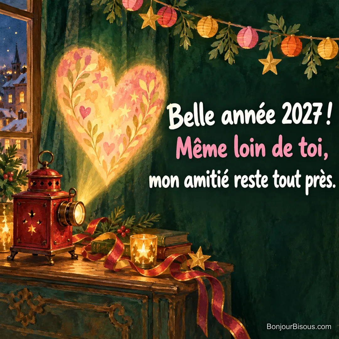 Une lanterne magique rouge projette un cœur lumineux parmi les guirlandes du Nouvel An, avec le texte « Belle année 2027 ! Même loin de toi, mon amitié reste tout près. ».