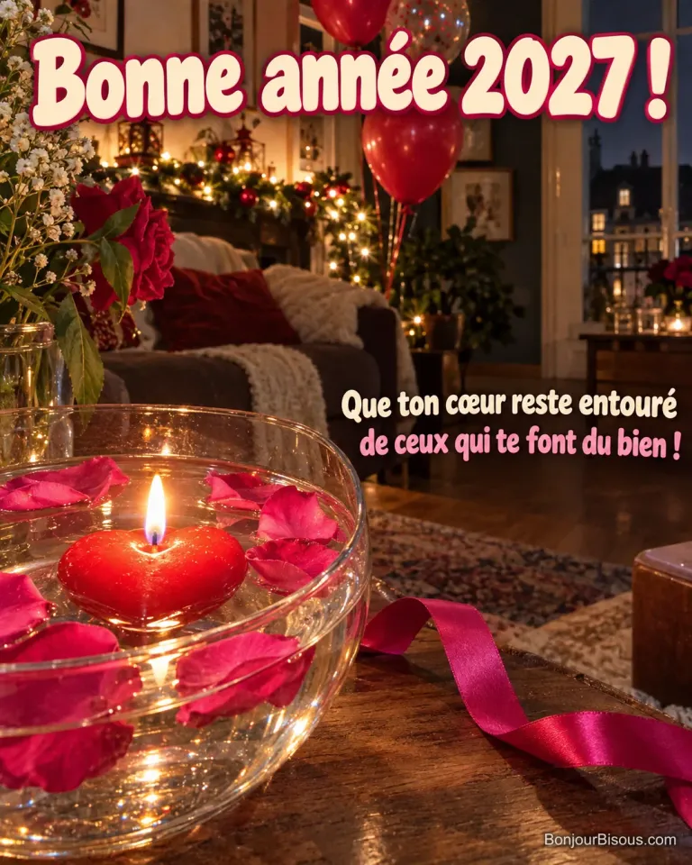 Une bougie flottante en forme de cœur éclaire des pétales de roses parmi les décorations de fête, avec le texte « Bonne année 2027 ! Que ton cœur reste entouré de ceux qui te font du bien ! ».