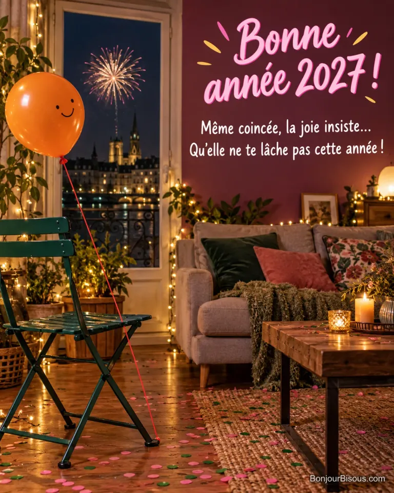Un ballon orange souriant tire sur sa ficelle coincée sous le pied d’une chaise, parmi les confettis du Nouvel An, avec le message « Bonne année 2027 ! Même coincée, la joie insiste… Qu’elle ne te lâche pas cette année ! ».