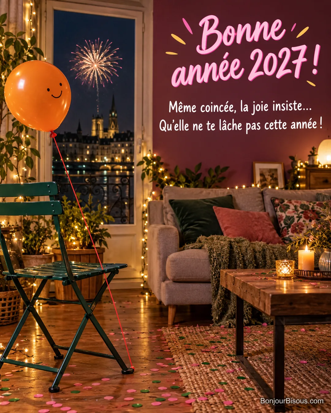 Un ballon orange souriant tire sur sa ficelle coincée sous le pied d’une chaise, parmi les confettis du Nouvel An, avec le message « Bonne année 2027 ! Même coincée, la joie insiste… Qu’elle ne te lâche pas cette année ! ».