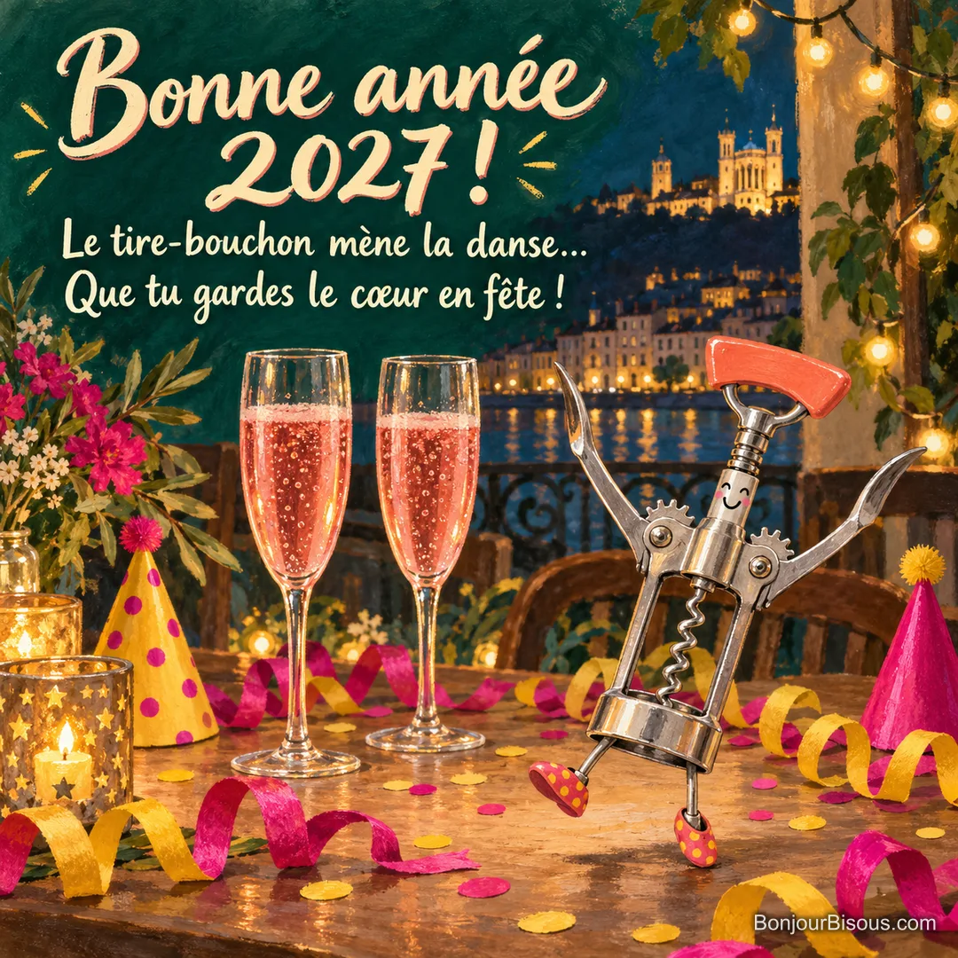 Un tire-bouchon argenté danse, ses deux leviers levés, au milieu de cotillons et de coupes roses du Nouvel An, avec le message « Bonne année 2027 ! Le tire-bouchon mène la danse… Que tu gardes le cœur en fête ! ».