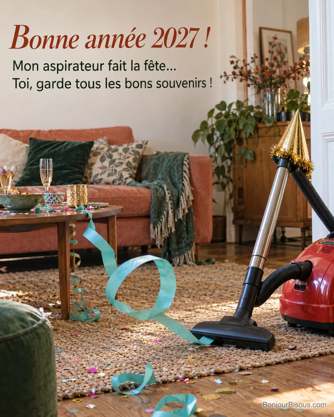 Un aspirateur rouge aspire un long serpentin de fête, son embout coiffé de travers d’un petit chapeau doré. Le message est : « Bonne année 2027 ! Mon aspirateur fait la fête… Toi, garde tous les bons souvenirs ! ».