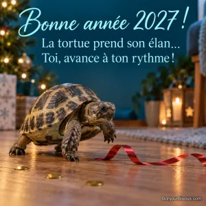 Une petite tortue terrestre hésite devant un ruban de cotillon qui forme un obstacle ridicule sur le parquet. Le message est : « Bonne année 2027 ! La tortue prend son élan… Toi, avance à ton rythme ! ».