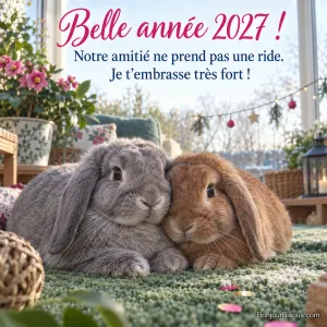 Deux lapins béliers, gris et roux, se reposent joue contre joue près des décorations du Nouvel An. Le message est : « Belle année 2027 ! Notre amitié ne prend pas une ride. Je t’embrasse très fort ! ».