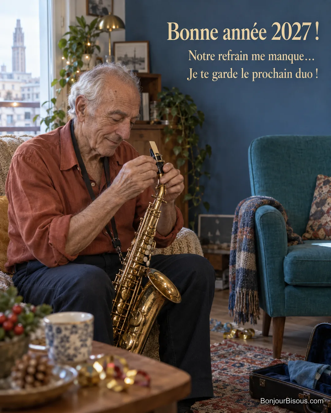Un musicien âgé prépare son saxophone dans un salon décoré pour retrouver bientôt un ami. Le message est : « Bonne année 2027 ! Notre refrain me manque… Je te garde le prochain duo ! ».