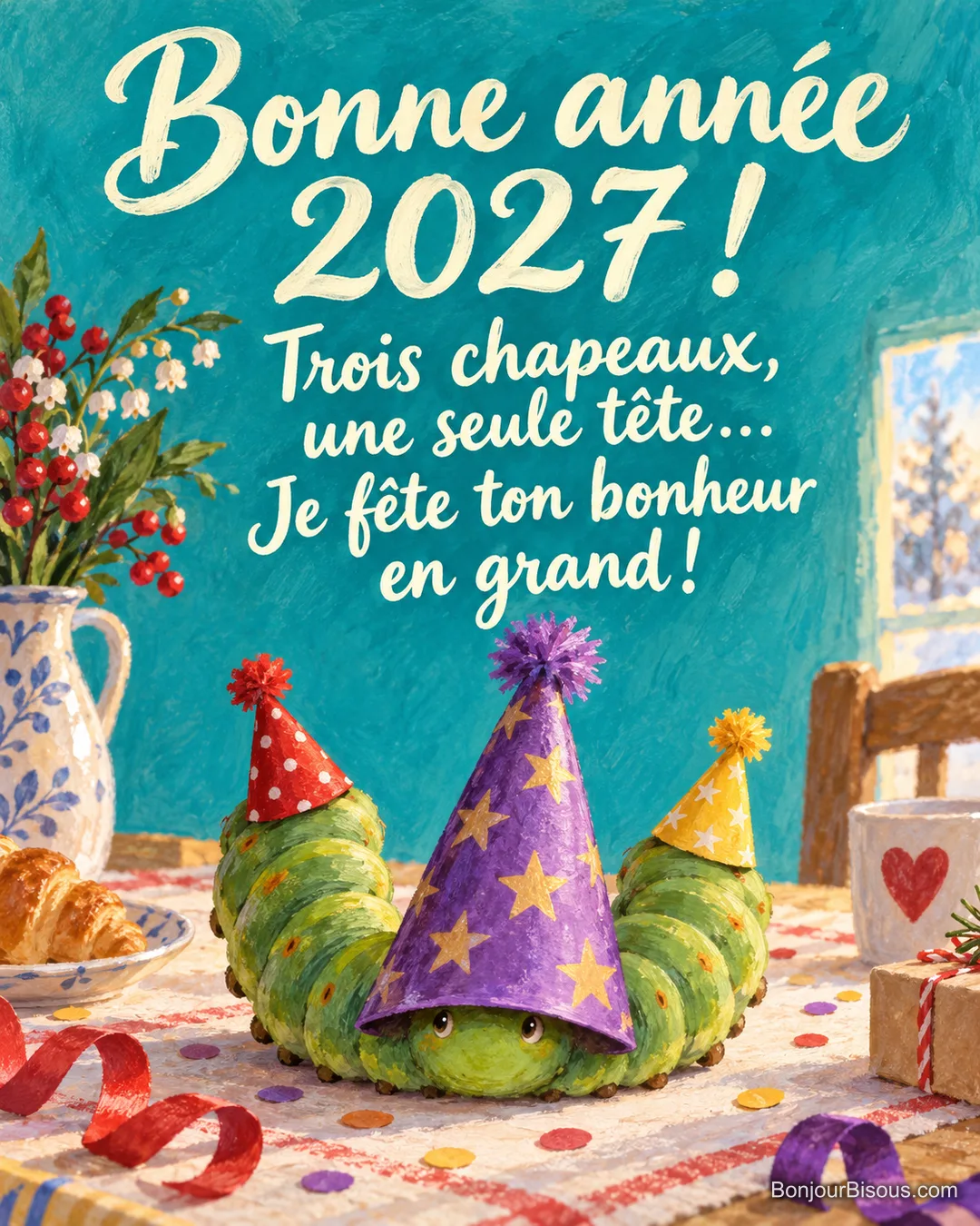 Une chenille se retrouve sous trois chapeaux de fête dont celui du milieu lui cache presque la tête. Le message est : « Bonne année 2027 ! Trois chapeaux, une seule tête… Je fête ton bonheur en grand ! ». Une chenille se retrouve sous trois chapeaux de fête dont celui du milieu lui cache presque la tête. Le message est : « Bonne année 2027 ! Trois chapeaux, une seule tête… Je fête ton bonheur en grand ! ».