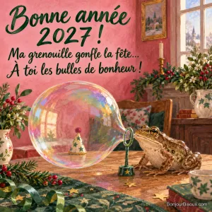 Une grenouille souffle une énorme bulle de savon au milieu des décorations du Nouvel An. Le message est : « Bonne année 2027 ! Ma grenouille gonfle la fête… À toi les bulles de bonheur ! ».