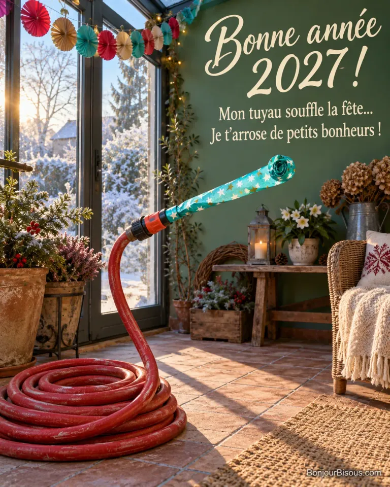 Un tuyau de jardin rouge porte un grand sans-gêne turquoise comme une trompette pour le Nouvel An. Le message est : « Bonne année 2027 ! Mon tuyau souffle la fête… Je t’arrose de petits bonheurs ! ».