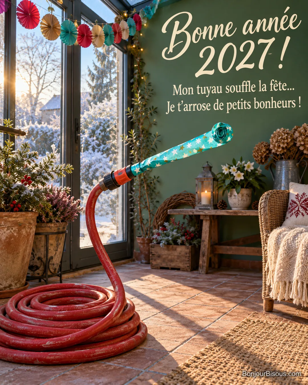 Un tuyau de jardin rouge porte un grand sans-gêne turquoise comme une trompette pour le Nouvel An. Le message est : « Bonne année 2027 ! Mon tuyau souffle la fête… Je t’arrose de petits bonheurs ! ».
